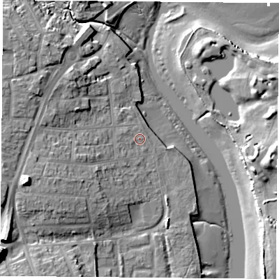 Shaded relief map of the ground around PO160RL, computed from Environment Agency LiDAR. The ground here sits at about 3 m above sea level and falls 18 m across the surrounding 800 m. Surface water reaching this point runs off ground lying to the west-south-west, 1.5 m higher.