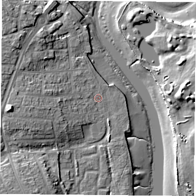 Shaded relief map of the ground around PO160SD, computed from Environment Agency LiDAR. The ground here sits at about 3 m above sea level and falls 17 m across the surrounding 800 m. Surface water reaching this point runs off ground lying to the west, 7.3 m higher.