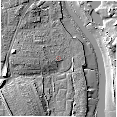 Shaded relief map of the ground around PO160SE, computed from Environment Agency LiDAR. The ground here sits at about 4 m above sea level and falls 18 m across the surrounding 800 m. Surface water reaching this point runs off ground lying to the west, 3.6 m higher.