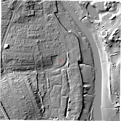 Shaded relief map of the ground around PO160SU, computed from Environment Agency LiDAR. The ground here sits at about 3 m above sea level and falls 17 m across the surrounding 800 m. Surface water reaching this point runs off ground lying to the west, 4.1 m higher.