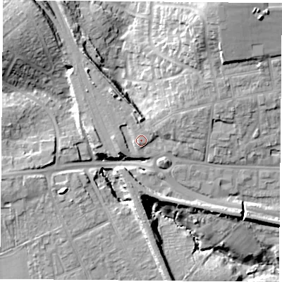 Shaded relief map of the ground around PO160UT, computed from Environment Agency LiDAR. The ground here sits at about 17 m above sea level and falls 27 m across the surrounding 800 m. Surface water reaching this point runs off ground lying to the north-north-west, 6.4 m higher.
