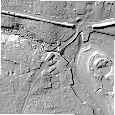 Shaded relief map of the ground around PO160XH, computed from Environment Agency LiDAR. The ground here sits at about 3 m above sea level and falls 16 m across the surrounding 800 m. Surface water reaching this point runs off ground lying to the west-south-west, 9.0 m higher.