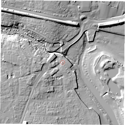 Shaded relief map of the ground around PO160XR, computed from Environment Agency LiDAR. The ground here sits at about 3 m above sea level and falls 16 m across the surrounding 800 m. Surface water reaching this point runs off ground lying to the west, 8.9 m higher.