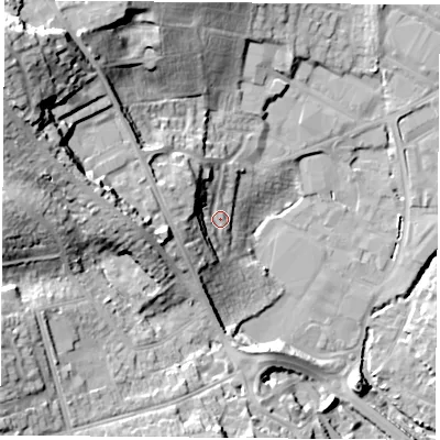Shaded relief map of the ground around PO167BZ, computed from Environment Agency LiDAR. The ground here sits at about 9 m above sea level and falls 35 m across the surrounding 800 m. Surface water reaching this point runs off ground lying to the west-north-west, 9.4 m higher.