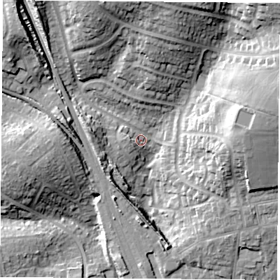 Shaded relief map of the ground around PO167PB, computed from Environment Agency LiDAR. The ground here sits at about 14 m above sea level and falls 21 m across the surrounding 800 m. Surface water reaching this point runs off ground lying to the west-south-west, 8.5 m higher.