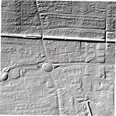 Shaded relief map of the ground around PO168BD, computed from Environment Agency LiDAR. The ground here sits at about 3 m above sea level and falls 24 m across the surrounding 800 m. Surface water reaching this point runs off ground lying to the north-north-east, 7.9 m higher.