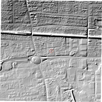 Shaded relief map of the ground around PO168BE, computed from Environment Agency LiDAR. The ground here sits at about 4 m above sea level and falls 24 m across the surrounding 800 m. Surface water reaching this point runs off ground lying to the north, 7.3 m higher.