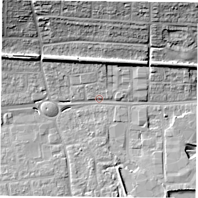 Shaded relief map of the ground around PO168BH, computed from Environment Agency LiDAR. The ground here sits at about 3 m above sea level and falls 22 m across the surrounding 800 m. Surface water reaching this point runs off ground lying to the north-north-west, 11.9 m higher.