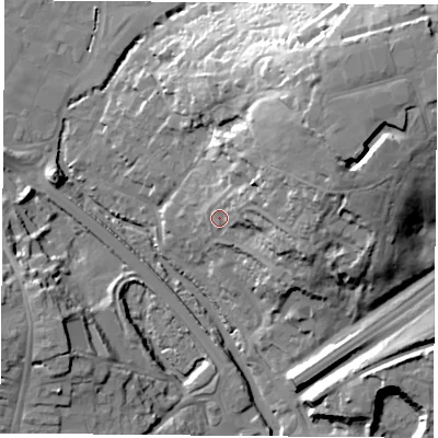 Shaded relief map of the ground around PO168SE, computed from Environment Agency LiDAR. The ground here sits at about 9 m above sea level and falls 34 m across the surrounding 800 m. Surface water reaching this point runs off ground lying to the north-east, 25.8 m higher.