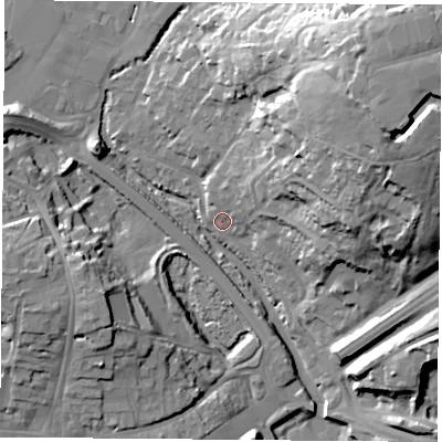 Shaded relief map of the ground around PO168SG, computed from Environment Agency LiDAR. The ground here sits at about 4 m above sea level and falls 34 m across the surrounding 800 m. Surface water reaching this point runs off ground lying to the north-east, 30.8 m higher.