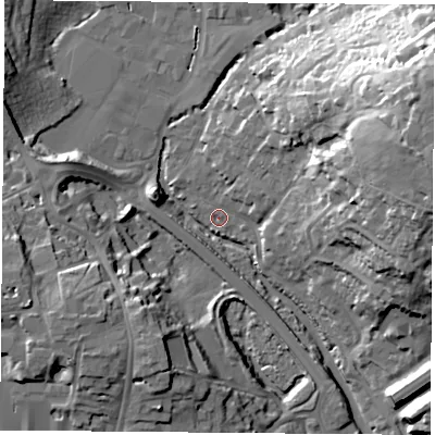 Shaded relief map of the ground around PO168SJ, computed from Environment Agency LiDAR. The ground here sits at about 2 m above sea level and falls 33 m across the surrounding 800 m. Surface water reaching this point runs off ground lying to the east-north-east, 31.3 m higher.