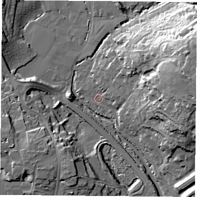 Shaded relief map of the ground around PO168SL, computed from Environment Agency LiDAR. The ground here sits at about 3 m above sea level and falls 33 m across the surrounding 800 m. Surface water reaching this point runs off ground lying to the east-north-east, 31.3 m higher.