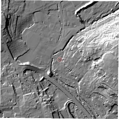 Shaded relief map of the ground around PO168SN, computed from Environment Agency LiDAR. The ground here sits at about 3 m above sea level and falls 32 m across the surrounding 800 m. Surface water reaching this point runs off ground lying to the east, 31.0 m higher.