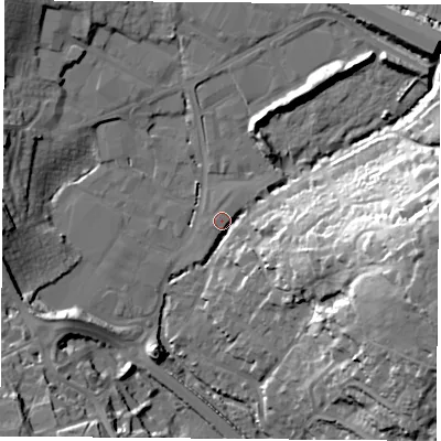 Shaded relief map of the ground around PO168SP, computed from Environment Agency LiDAR. The ground here sits at about 5 m above sea level and falls 33 m across the surrounding 800 m. Surface water reaching this point runs off ground lying to the north-north-east, 3.0 m higher.
