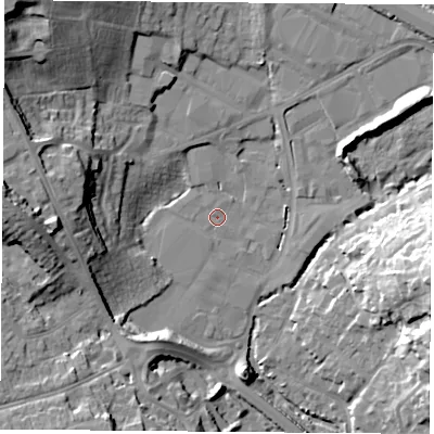 Shaded relief map of the ground around PO168SS, computed from Environment Agency LiDAR. The ground here sits at about 4 m above sea level and falls 24 m across the surrounding 800 m. Surface water reaching this point runs off ground lying to the west-north-west, 15.8 m higher.
