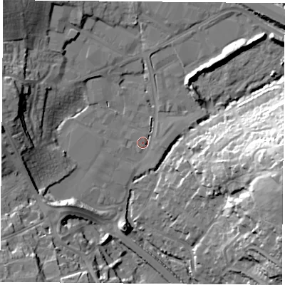 Shaded relief map of the ground around PO168ST, computed from Environment Agency LiDAR. The ground here sits at about 4 m above sea level and falls 31 m across the surrounding 800 m. Surface water reaching this point runs off ground lying to the north, 1.7 m higher.