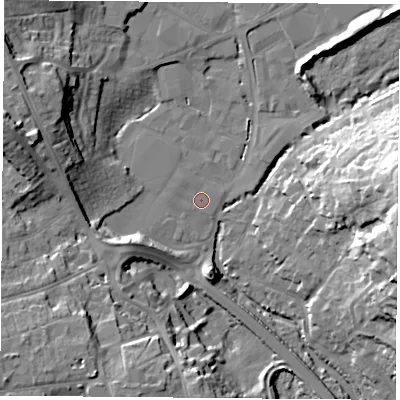 Shaded relief map of the ground around PO168SU, computed from Environment Agency LiDAR. The ground here sits at about 3 m above sea level and falls 24 m across the surrounding 800 m. Surface water reaching this point runs off ground lying to the west-south-west, 8.3 m higher.