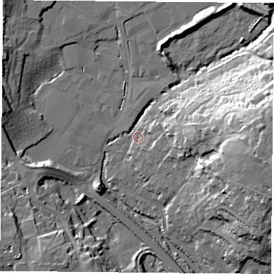 Shaded relief map of the ground around PO168SW, computed from Environment Agency LiDAR. The ground here sits at about 4 m above sea level and falls 33 m across the surrounding 800 m. Surface water reaching this point runs off ground lying to the east, 31.4 m higher.