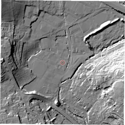 Shaded relief map of the ground around PO168TB, computed from Environment Agency LiDAR. The ground here sits at about 4 m above sea level and falls 30 m across the surrounding 800 m. Surface water reaching this point runs off ground lying to the north-west, 18.2 m higher.