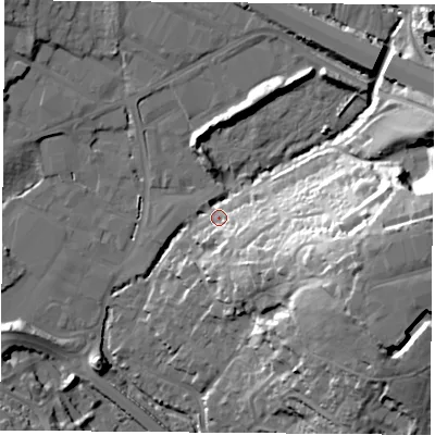 Shaded relief map of the ground around PO168TE, computed from Environment Agency LiDAR. The ground here sits at about 5 m above sea level and falls 33 m across the surrounding 800 m. Surface water reaching this point runs off ground lying to the east, 31.9 m higher.