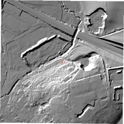 Shaded relief map of the ground around PO168TJ, computed from Environment Agency LiDAR. The ground here sits at about 9 m above sea level and falls 37 m across the surrounding 800 m. Surface water reaching this point runs off ground lying to the east, 28.8 m higher.