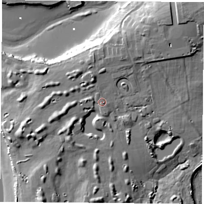 Shaded relief map of the ground around PO168UP, computed from Environment Agency LiDAR. The ground here sits at about 10 m above sea level and falls 17 m across the surrounding 800 m. Surface water reaching this point runs off ground lying to the north-north-west, 3.6 m higher.