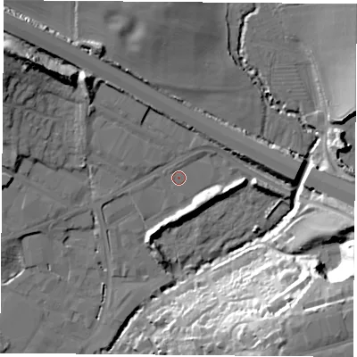 Shaded relief map of the ground around PO168XJ, computed from Environment Agency LiDAR. The ground here sits at about 6 m above sea level and falls 32 m across the surrounding 800 m. Surface water reaching this point runs off ground lying to the north, 0.6 m higher.