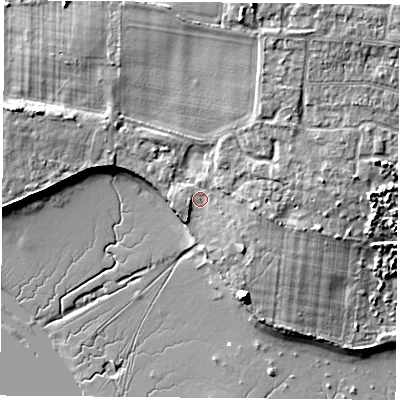 Shaded relief map of the ground around PO169DR, computed from Environment Agency LiDAR. The ground here sits at about 3 m above sea level and falls 12 m across the surrounding 800 m. Surface water reaching this point runs off ground lying to the north-north-east, 5.5 m higher.