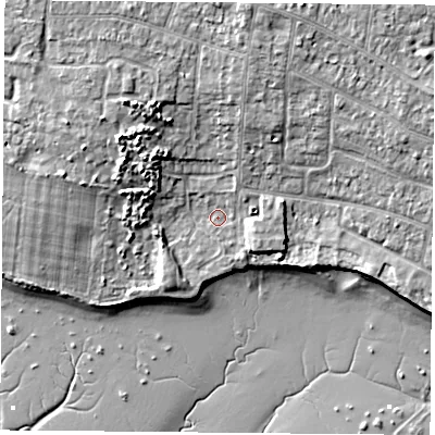 Shaded relief map of the ground around PO169EH, computed from Environment Agency LiDAR. The ground here sits at about 3 m above sea level and falls 10 m across the surrounding 800 m. Surface water reaching this point runs off ground lying to the north-west, 8.7 m higher.