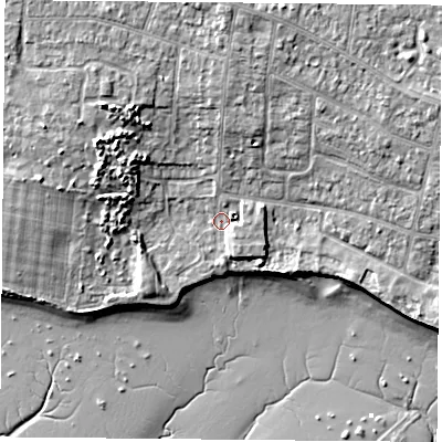 Shaded relief map of the ground around PO169EL, computed from Environment Agency LiDAR. The ground here sits at about 3 m above sea level and falls 10 m across the surrounding 800 m. Surface water reaching this point runs off ground lying to the south-east, 4.4 m higher.