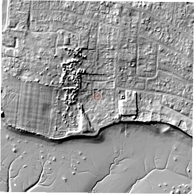 Shaded relief map of the ground around PO169EN, computed from Environment Agency LiDAR. The ground here sits at about 3 m above sea level and falls 10 m across the surrounding 800 m. Surface water reaching this point runs off ground lying to the north-west, 5.9 m higher.