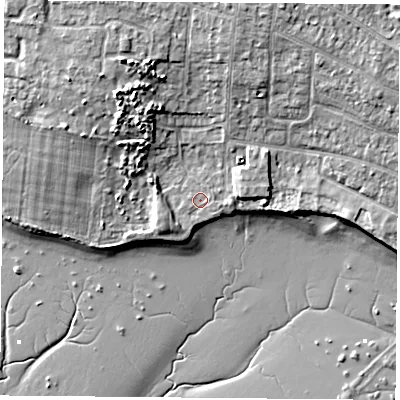 Shaded relief map of the ground around PO169EP, computed from Environment Agency LiDAR. The ground here sits at about 3 m above sea level and falls 11 m across the surrounding 800 m. Surface water reaching this point runs off ground lying to the east-north-east, 4.4 m higher.