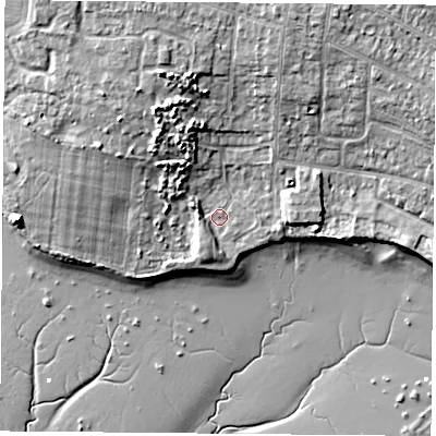 Shaded relief map of the ground around PO169ER, computed from Environment Agency LiDAR. The ground here sits at about 3 m above sea level and falls 11 m across the surrounding 800 m. Surface water reaching this point runs off ground lying to the north-north-west, 8.7 m higher.
