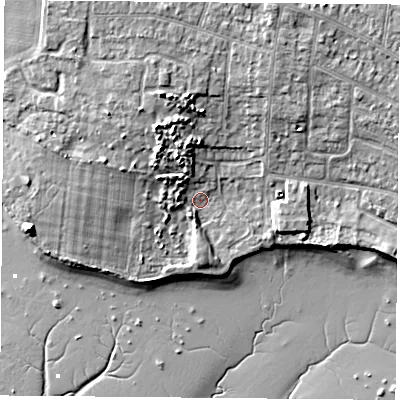 Shaded relief map of the ground around PO169EW, computed from Environment Agency LiDAR. The ground here sits at about 3 m above sea level and falls 10 m across the surrounding 800 m. Surface water reaching this point runs off ground lying to the north-west, 5.9 m higher.