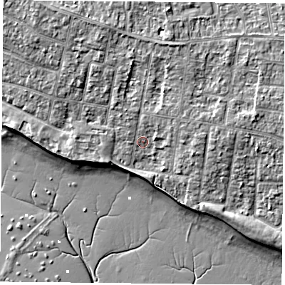 Shaded relief map of the ground around PO169EZ, computed from Environment Agency LiDAR. The ground here sits at about 3 m above sea level and falls 8 m across the surrounding 800 m. Surface water reaching this point runs off ground lying to the north-north-east, 3.4 m higher.