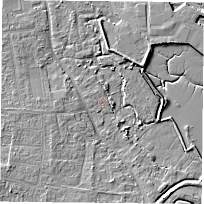 Shaded relief map of the ground around PO169FB, computed from Environment Agency LiDAR. The ground here sits at about 3 m above sea level and falls 8 m across the surrounding 800 m. Surface water reaching this point runs off ground lying to the west-north-west, 0.7 m higher.
