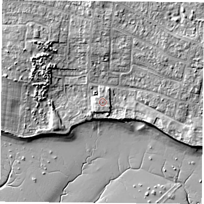 Shaded relief map of the ground around PO169FF, computed from Environment Agency LiDAR. The ground here sits at about 5 m above sea level and falls 10 m across the surrounding 800 m. Surface water reaching this point runs off ground lying to the north, 1.2 m higher.