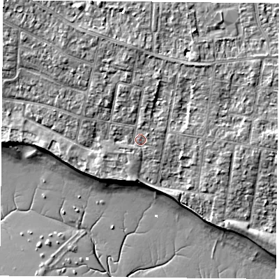 Shaded relief map of the ground around PO169HA, computed from Environment Agency LiDAR. The ground here sits at about 4 m above sea level and falls 9 m across the surrounding 800 m. Surface water reaching this point runs off ground lying to the north, 3.1 m higher.