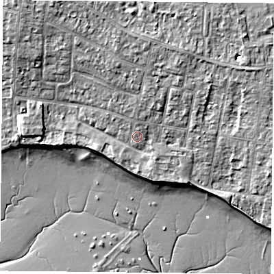 Shaded relief map of the ground around PO169HL, computed from Environment Agency LiDAR. The ground here sits at about 4 m above sea level and falls 9 m across the surrounding 800 m. Surface water reaching this point runs off ground lying to the north, 1.6 m higher.