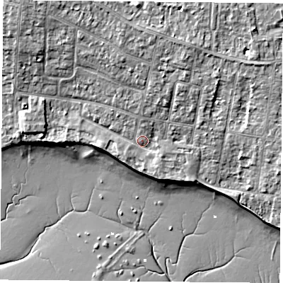 Shaded relief map of the ground around PO169HN, computed from Environment Agency LiDAR. The ground here sits at about 4 m above sea level and falls 9 m across the surrounding 800 m. Surface water reaching this point runs off ground lying to the north-north-east, 3.7 m higher.
