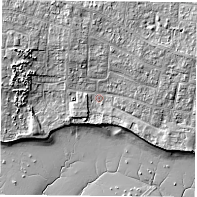 Shaded relief map of the ground around PO169HP, computed from Environment Agency LiDAR. The ground here sits at about 3 m above sea level and falls 10 m across the surrounding 800 m. Surface water reaching this point runs off ground lying to the west-south-west, 1.9 m higher.
