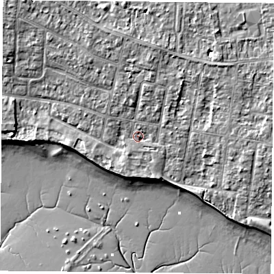 Shaded relief map of the ground around PO169HQ, computed from Environment Agency LiDAR. The ground here sits at about 4 m above sea level and falls 9 m across the surrounding 800 m. Surface water reaching this point runs off ground lying to the north, 3.6 m higher.