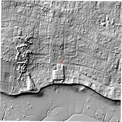 Shaded relief map of the ground around PO169HT, computed from Environment Agency LiDAR. The ground here sits at about 4 m above sea level and falls 10 m across the surrounding 800 m. Surface water reaching this point runs off ground lying to the north-north-west, 3.8 m higher.