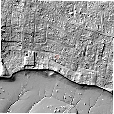 Shaded relief map of the ground around PO169HU, computed from Environment Agency LiDAR. The ground here sits at about 4 m above sea level and falls 10 m across the surrounding 800 m. Surface water reaching this point runs off ground lying to the north-north-east, 1.6 m higher.