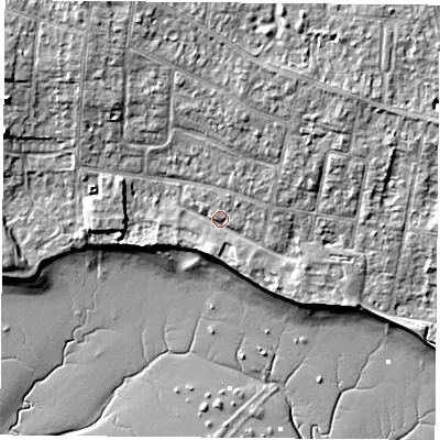 Shaded relief map of the ground around PO169HW, computed from Environment Agency LiDAR. The ground here sits at about 4 m above sea level and falls 9 m across the surrounding 800 m. Surface water reaching this point runs off ground lying to the north, 3.9 m higher.