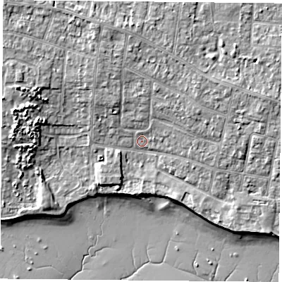 Shaded relief map of the ground around PO169JG, computed from Environment Agency LiDAR. The ground here sits at about 4 m above sea level and falls 10 m across the surrounding 800 m. Surface water reaching this point runs off ground lying to the north-north-west, 5.6 m higher.
