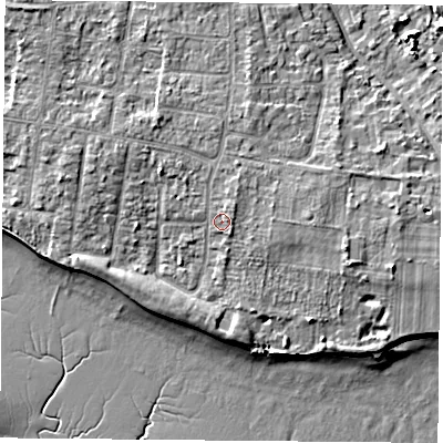 Shaded relief map of the ground around PO169LR, computed from Environment Agency LiDAR. The ground here sits at about 4 m above sea level and falls 8 m across the surrounding 800 m. Surface water reaching this point runs off ground lying to the north-north-west, 1.8 m higher.