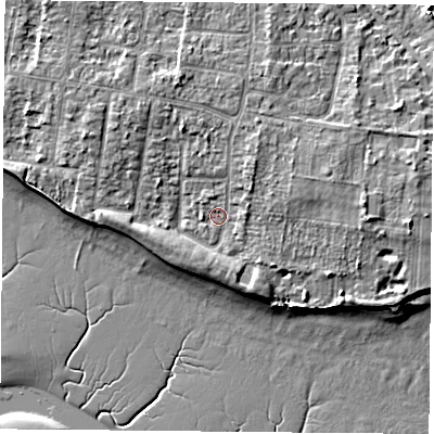 Shaded relief map of the ground around PO169LS, computed from Environment Agency LiDAR. The ground here sits at about 3 m above sea level and falls 8 m across the surrounding 800 m. Surface water reaching this point runs off ground lying to the north-north-west, 2.9 m higher.