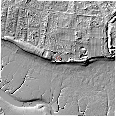 Shaded relief map of the ground around PO169LT, computed from Environment Agency LiDAR. The ground here sits at about 3 m above sea level and falls 10 m across the surrounding 800 m. Surface water reaching this point runs off ground lying to the north-east, 3.4 m higher.