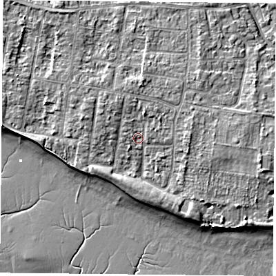 Shaded relief map of the ground around PO169LU, computed from Environment Agency LiDAR. The ground here sits at about 4 m above sea level and falls 8 m across the surrounding 800 m. Surface water reaching this point runs off ground lying to the north-north-east, 2.0 m higher.